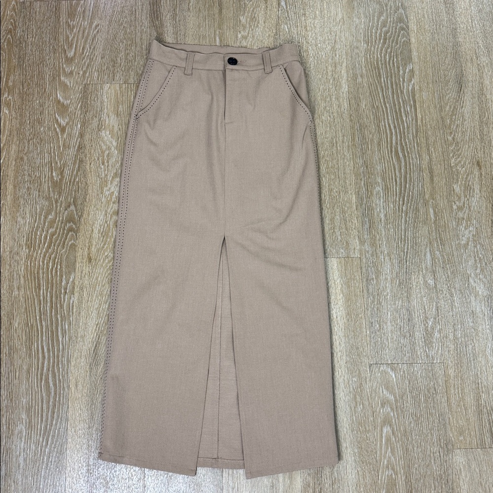 Fifteen Twenty Tailored Claire Saddle Stitch Midi Pencil Skirt Tan Khaki size 4 - Picture 4 of 11